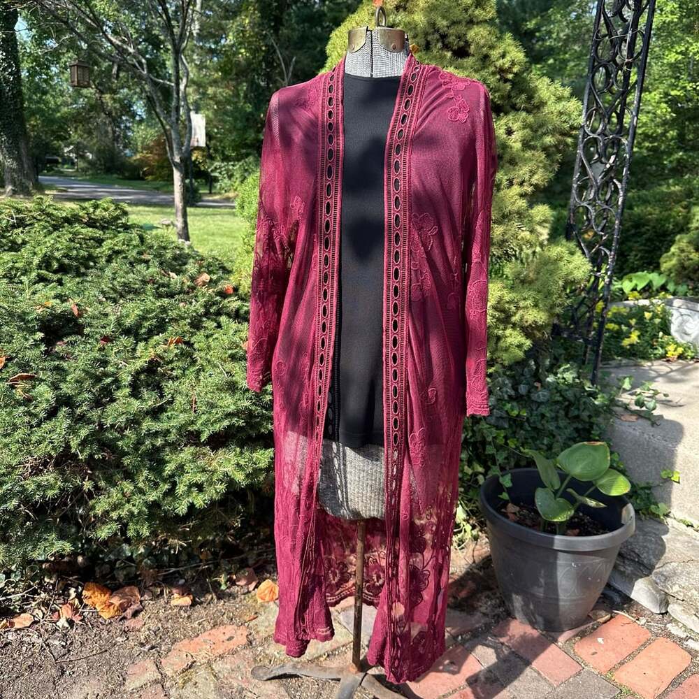Belle Tweed Sheer Lace Kimono Duster Cardigan Burgundy Whimsygoth